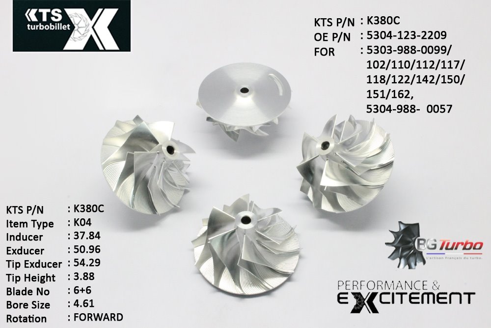 Turbo ROUE FORGÉE MFS PERFORMANCE - 6+6 PALES - INDUCER : 37,84 - EXDUCER : 50,96 - TYPE : K04ANGLE : 60° - ROTATION : Forward - SUPER BACK : 1,8 - BORE SIZE : 4,61
